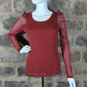 Vivienne Tam Petite Red Mesh Sheer Long Sleeve Top Size‎ PM Ruffle Shoulder
